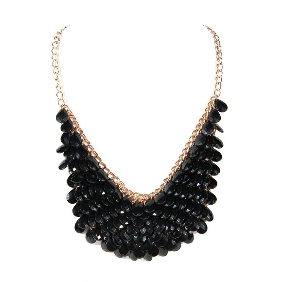Jewelry - Vintage Gold Tone Necklace with Black Teardrop Beads